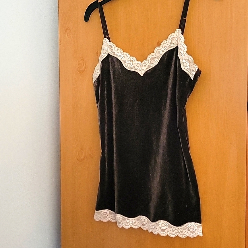 Loft dark brown velvet camisole with off-white lace trim. XS  NWOT